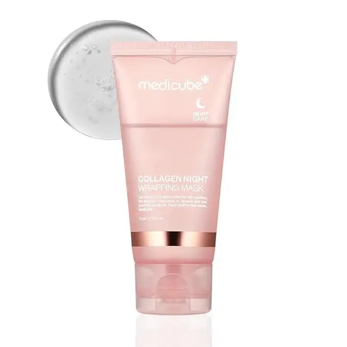 Pink tube of Medicube Collagen Night Wrapping Mask on a white background