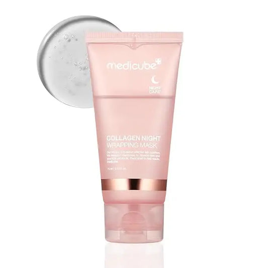 Pink tube of Medicube Collagen Night Wrapping Mask on a white background